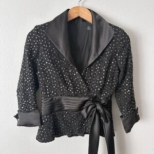 TADASHI COLLECTION Black Sequin Faux Wrap Satin Bow Formal Top Women's Size‎ 8